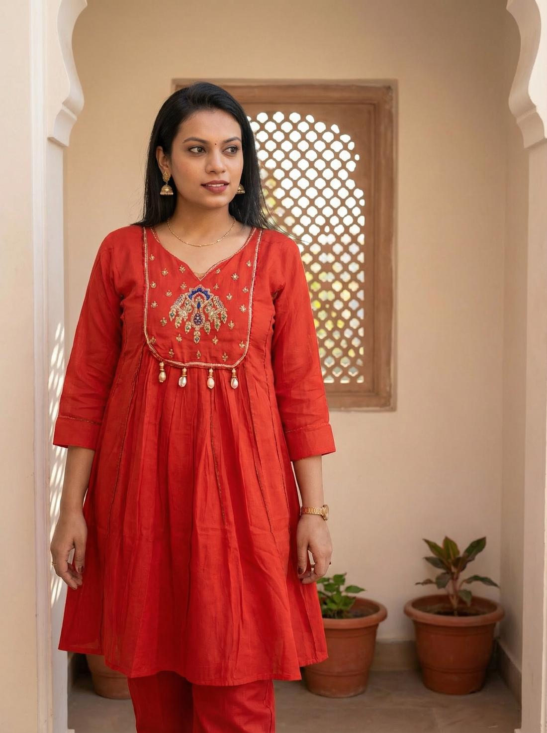 PREMIUM MUL CHANDERI CORD SET WITH HEAVY NECK WORK