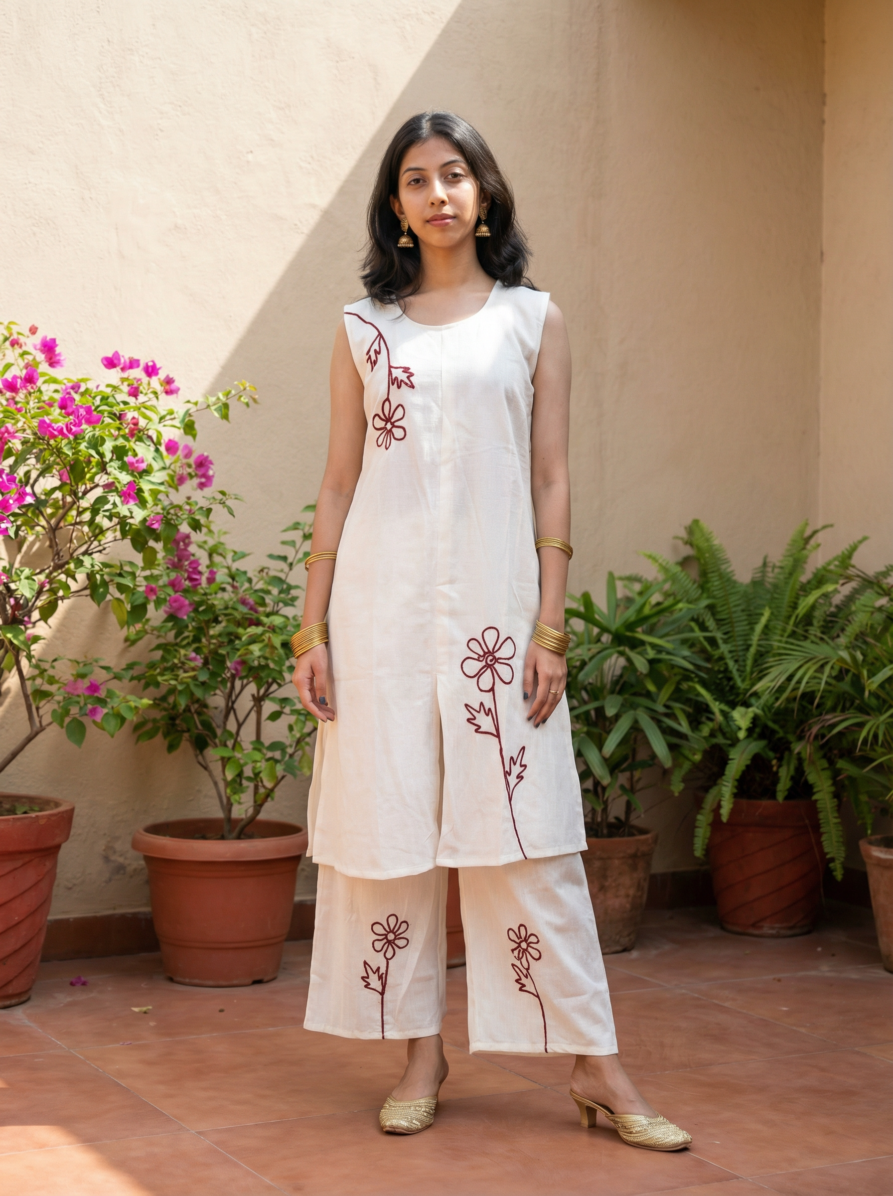 VATICAN SILK WHITE CORD SET WITH BEAUTIFUL FLOWER EMBROIDERY