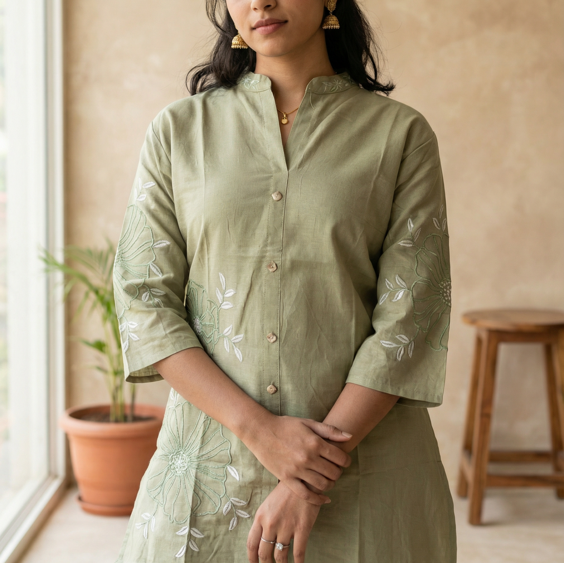 ORIGINAL COTTON LIGHT GREEN CORD SET WITH PLAZO AND BEAUTIFUL EMBROIDERY WORK