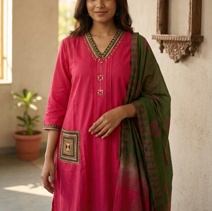 ROMAN SILK DRESS WITH MANUAL HAND MIRROR WORK NECK AND POCKETS WITH ROMAN SILK PLAZO AND BLOCK WORK DUPATTA