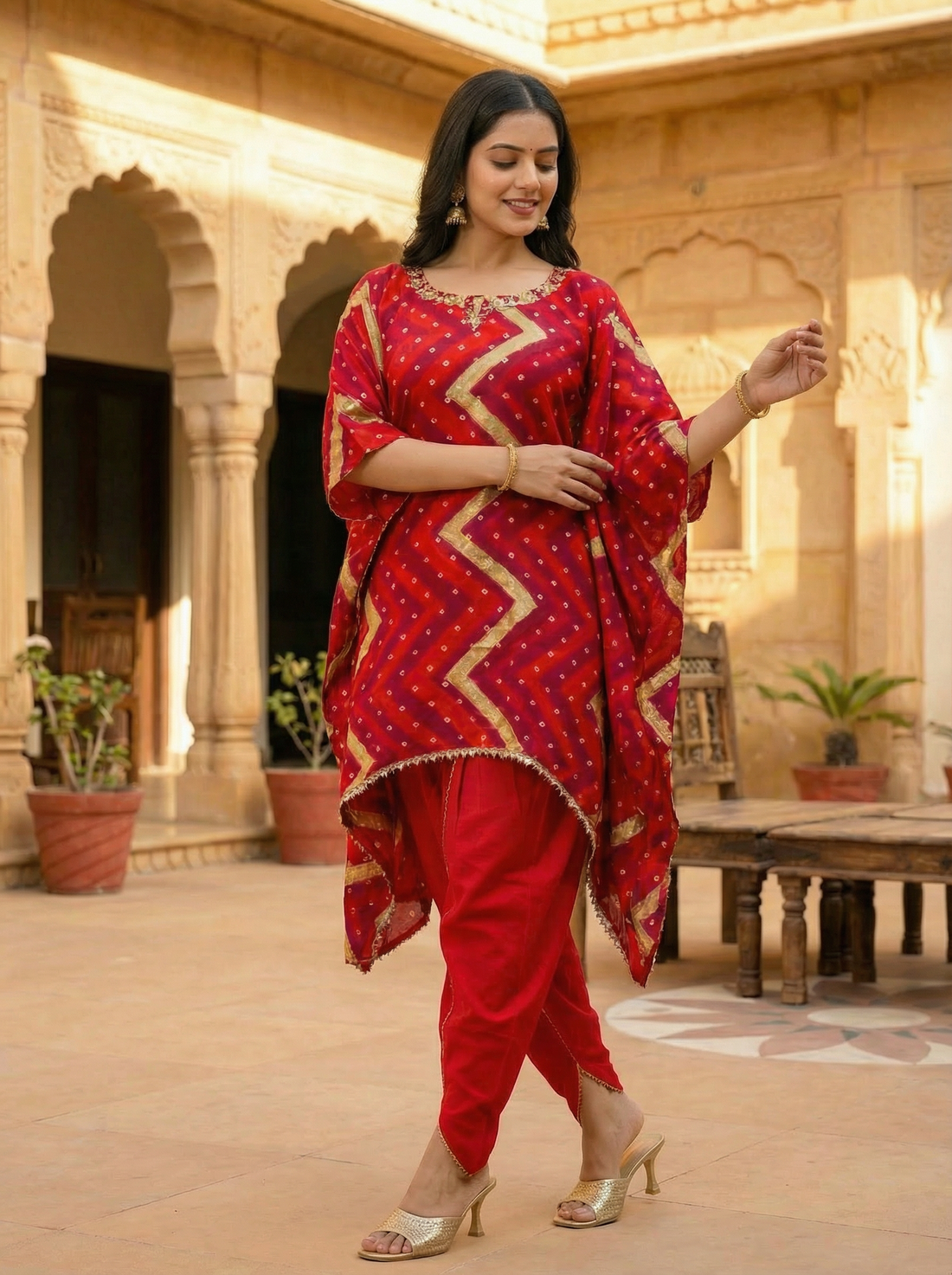 BEAUTIFUL MUL COTTON KAFTAN WITH DHOTI AND NECK WORK
