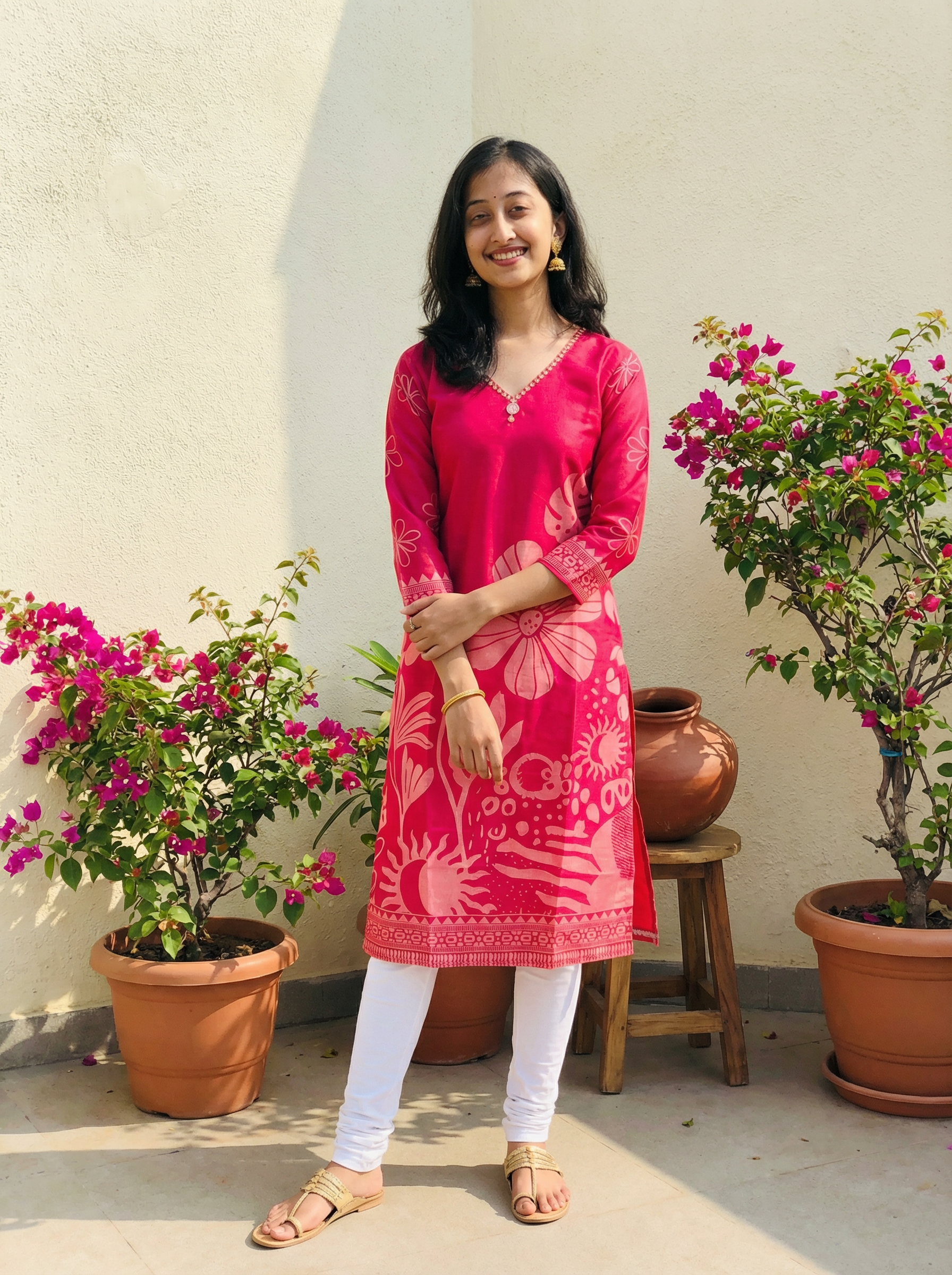 SILK GOLD JACQUARD PINK HAND WORK NECK KURTI WITH POCKET