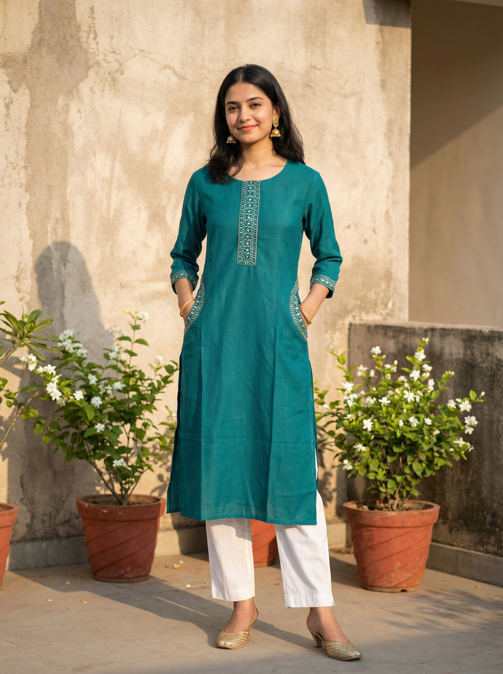 BERLIN SILK EMBROIDERY WORK NECK AND POCKET STYLE KURTI