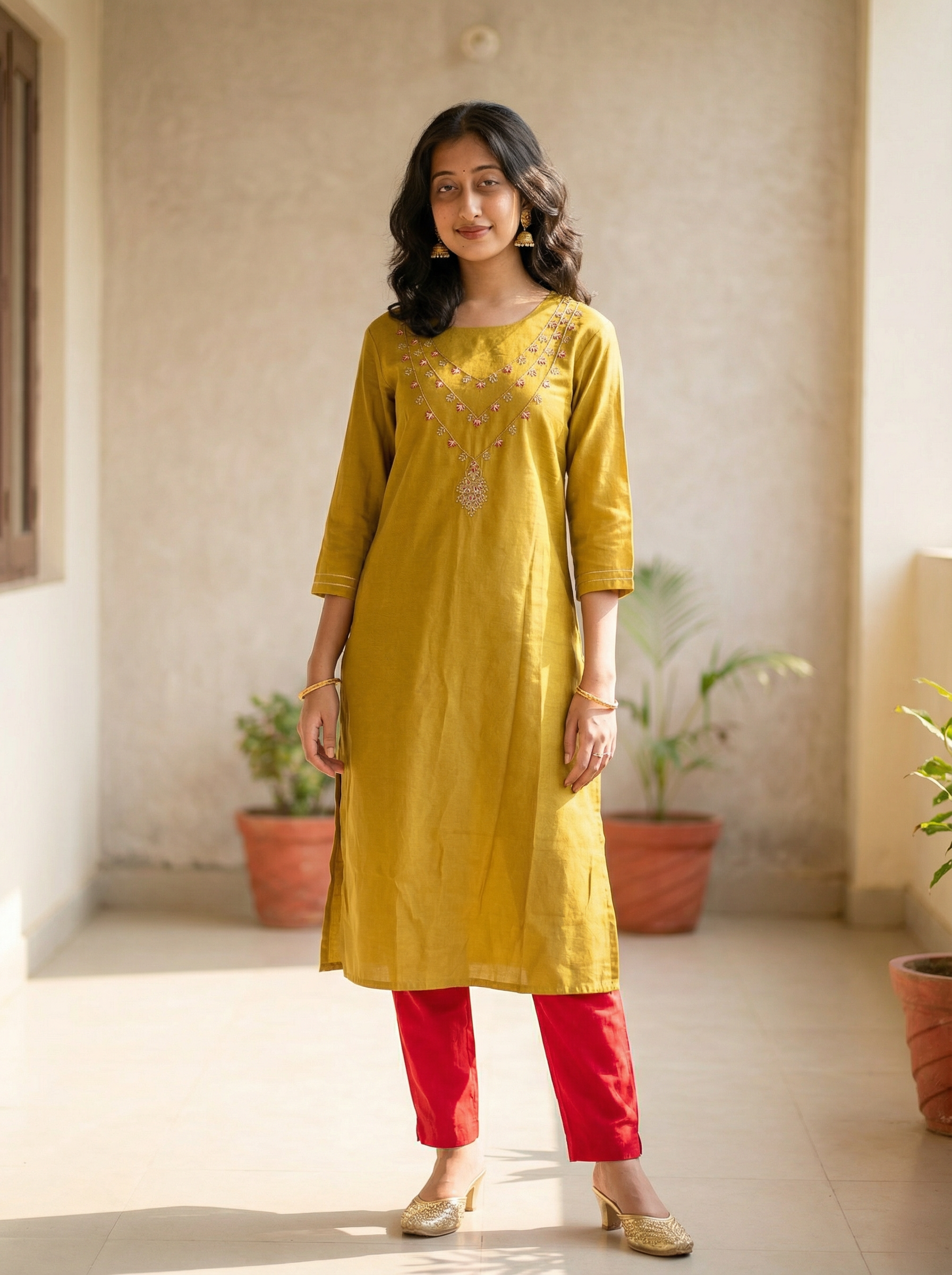 JACQUARD SILK HANDWORK KURTI WITH POCKET