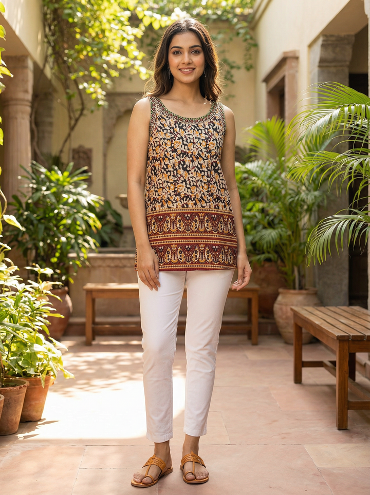 SPEGETY STYLE SHORT COTTON TOP WITH NECK EMBROIDERY AND PRINT