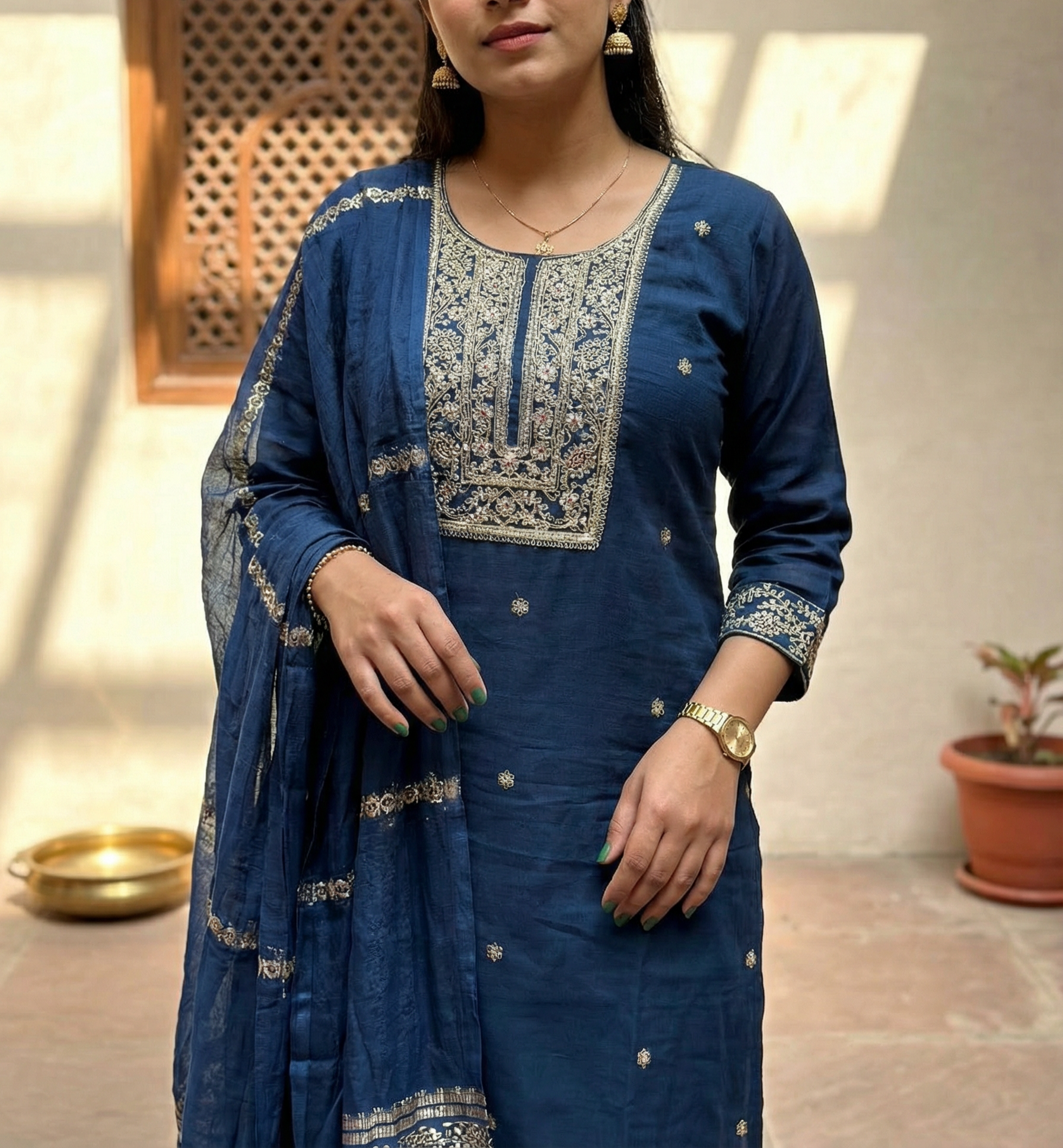 VATICAN SILK DRESS WITH BEAUTIFUL NECK EMBROIDERIE AND DUPATTA