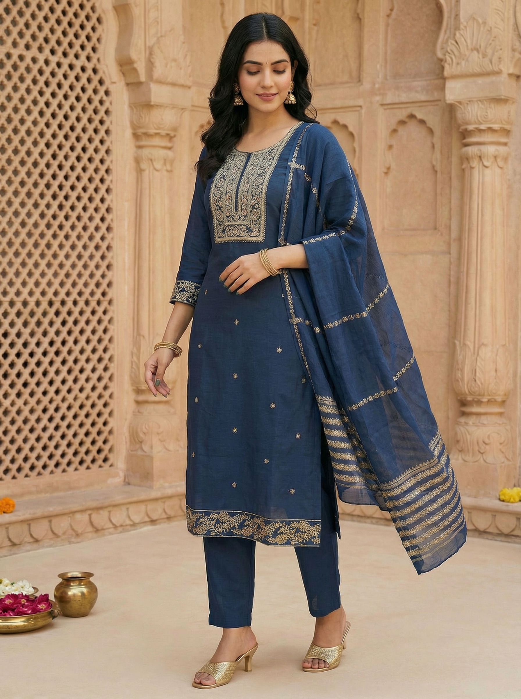 VATICAN SILK DRESS WITH BEAUTIFUL NECK EMBROIDERIE AND DUPATTA