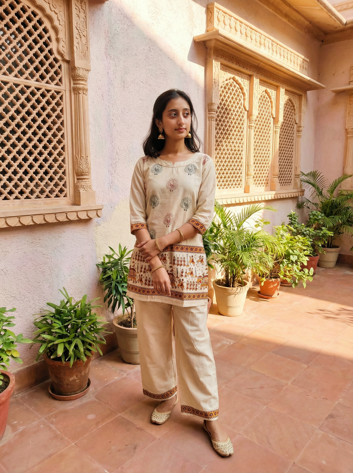 BEAUTIFUL KHADI COTTON CORD SET WITH HAND PAINTING DESIGN