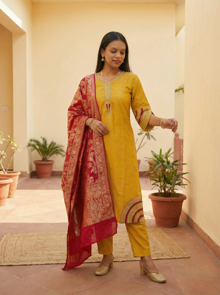 PREMIUM ROMAN SILK DRESS WITH HEAVY EMBROIDERIE AND BEAUTIFUL DUPPATA
