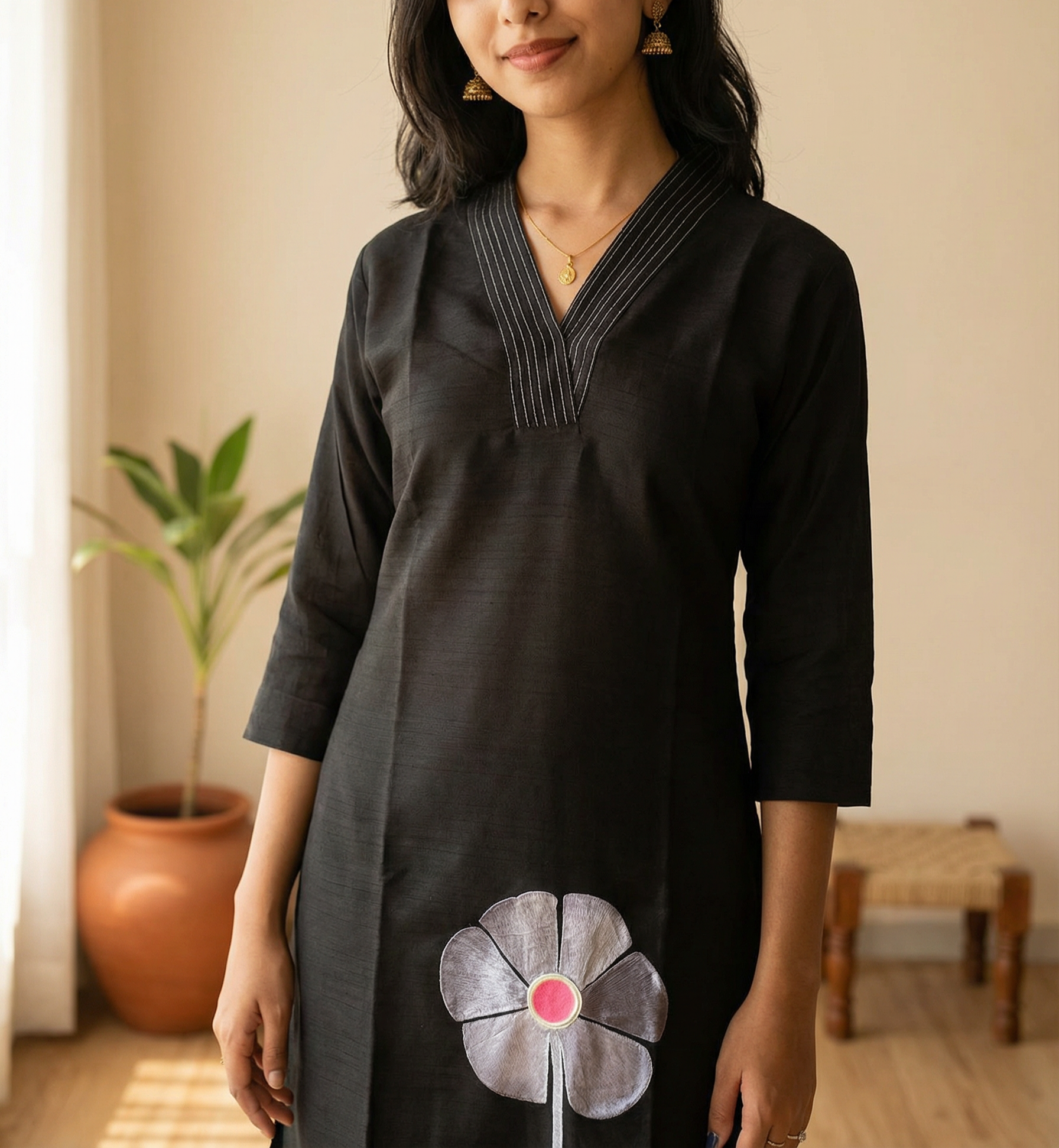 BLACK VATICAN SILK LONG CORD SET WITH REAL MIRROR FLOWER PATCH WORK WITH PLAZO