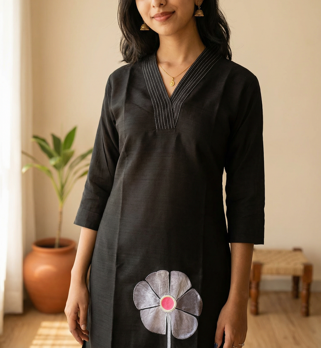 BLACK VATICAN SILK LONG CORD SET WITH REAL MIRROR FLOWER PATCH WORK WITH PLAZO