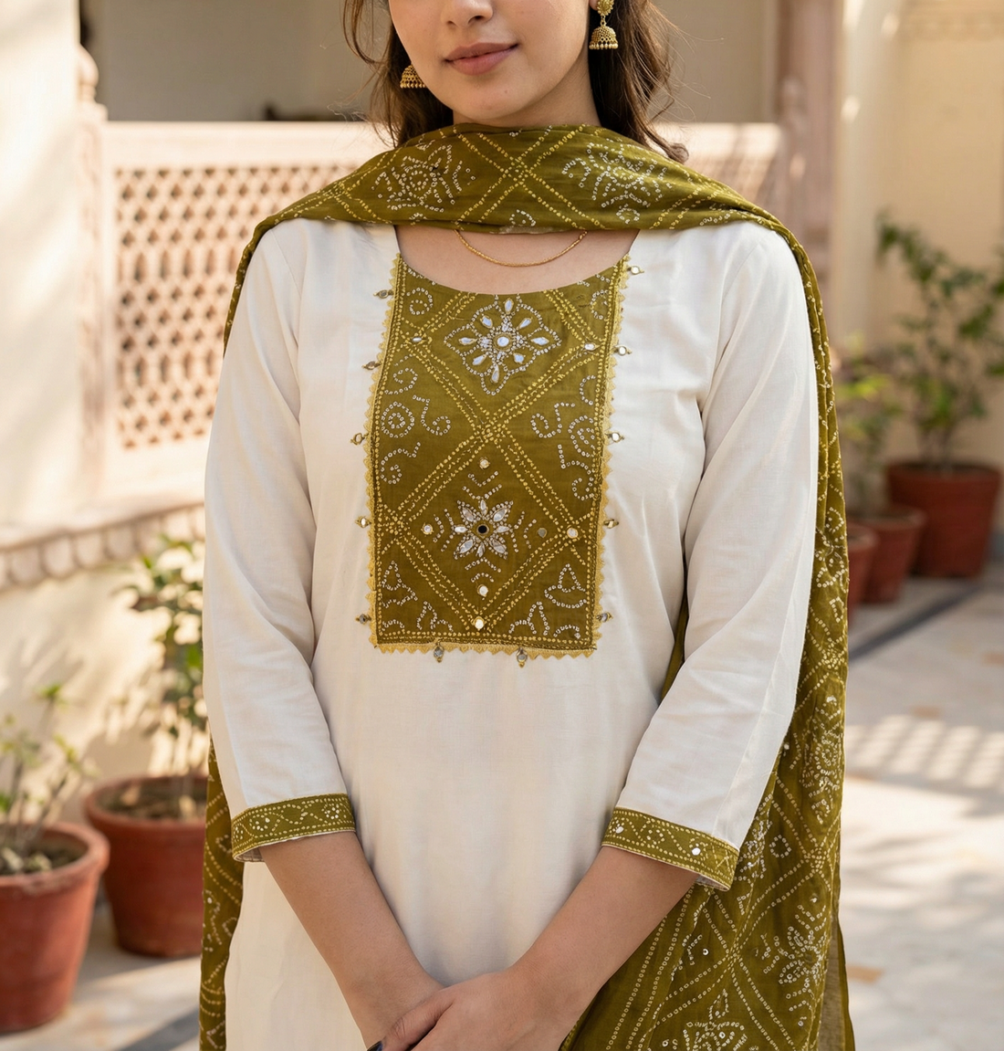 ORIGINAL GAJI SILK DRESS WITH HIGHLIGHTIN PATCH WORK WITH GAJI SILK PLAZO AND PRINTED DUPATTA WITH SURPRISED POCKET IN KURTI