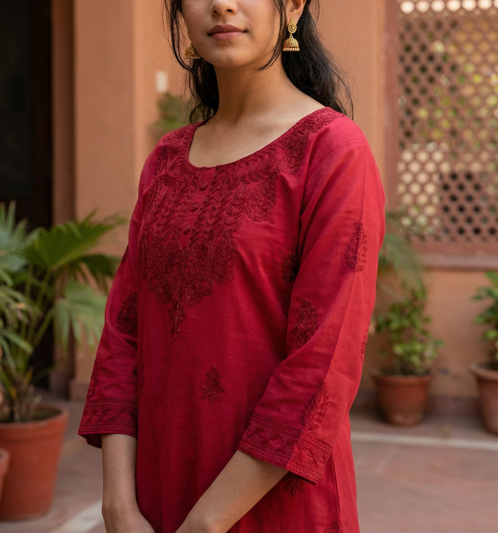 VATICAN SILK EMBROIDERY WORK KURTI WITH SURPRISED POCKET IN BEAUTIFUL PINK COLOUR