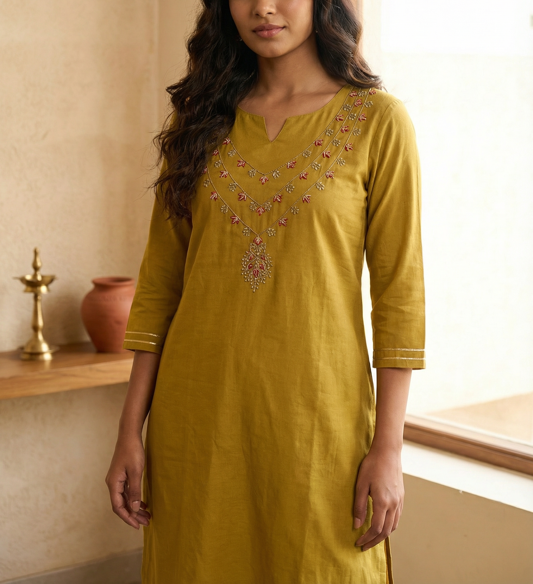 JACQUARD SILK HANDWORK KURTI WITH POCKET