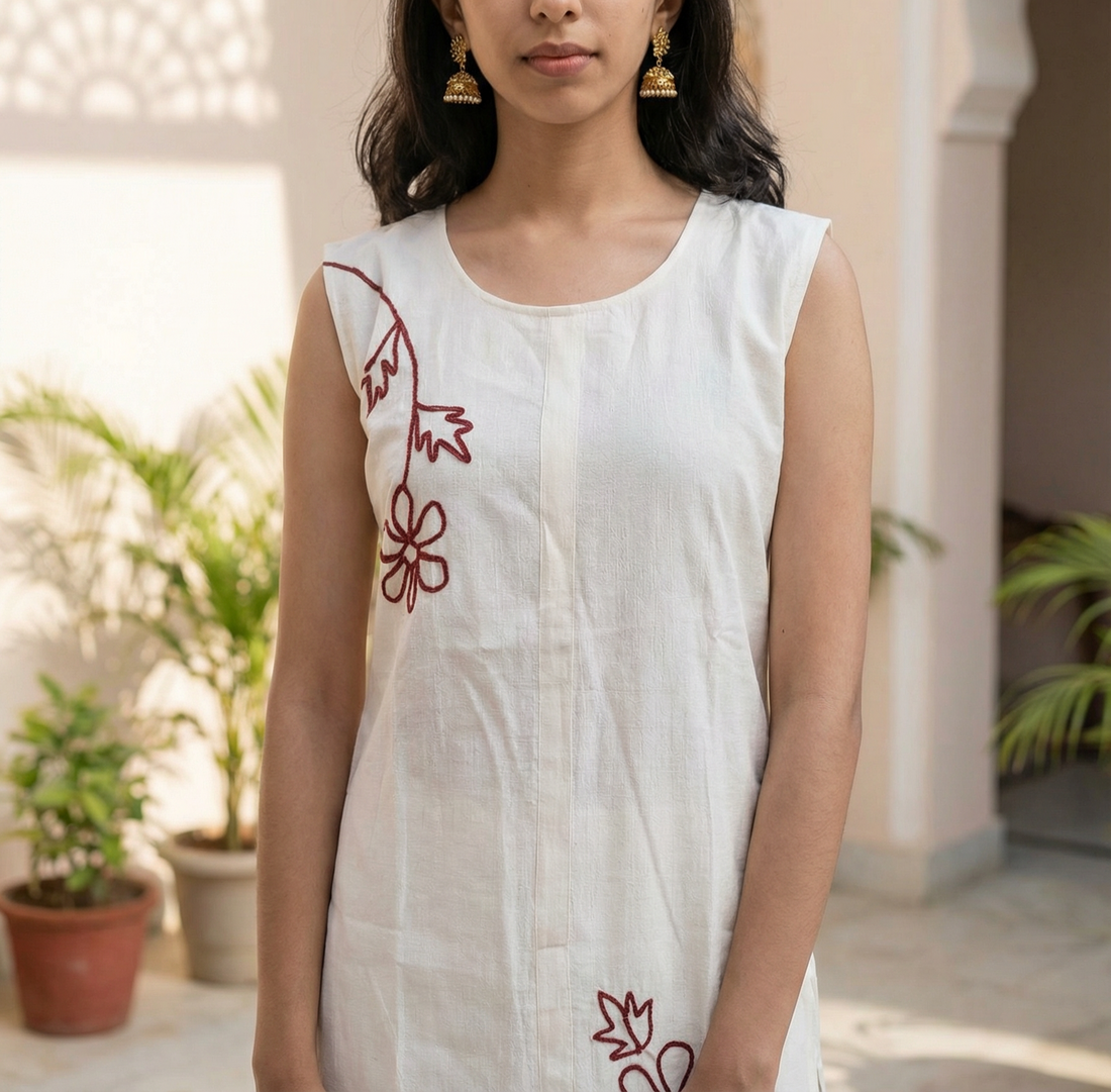 VATICAN SILK WHITE CORD SET WITH BEAUTIFUL FLOWER EMBROIDERY