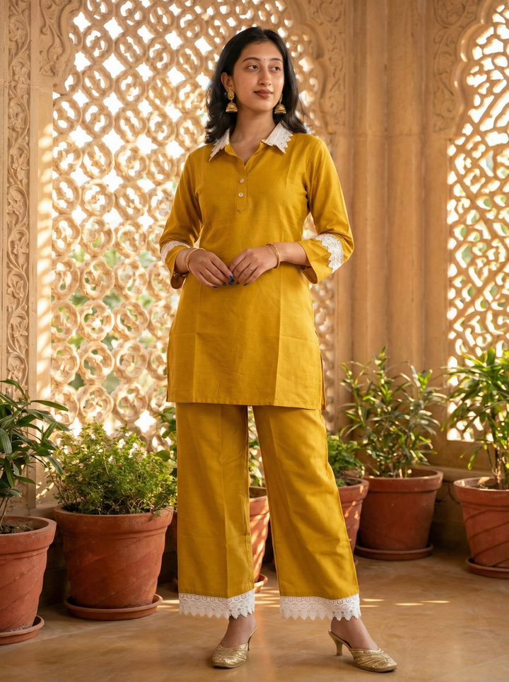 ORIGINAL COTTON CORD SET WITH  BEAUTIFUL COLLAR AND PLAZO DESIGN