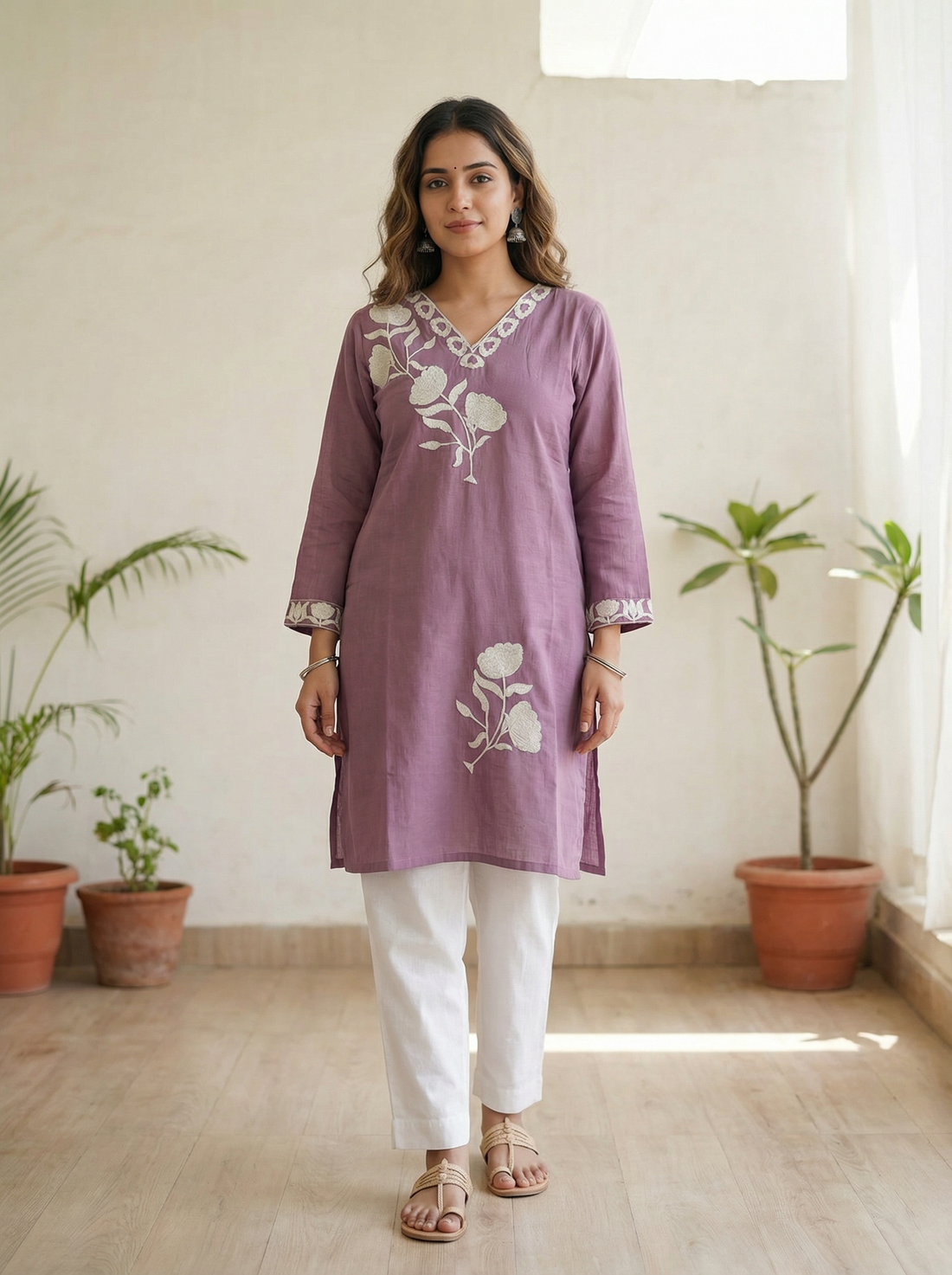 VATICAN SILK LIGHT PURPLE SHORT KURTI WITH NECK EMBROIDERY