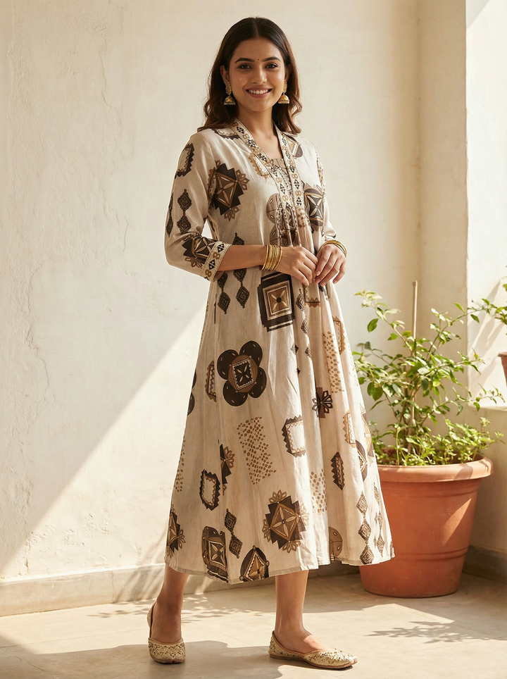 VATICAN SILK FOIL PRINT V NECK KURTI WITH EMBROIDERY WITH POCKET