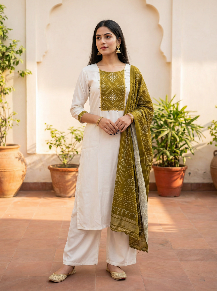 ORIGINAL GAJI SILK DRESS WITH HIGHLIGHTIN PATCH WORK WITH GAJI SILK PLAZO AND PRINTED DUPATTA WITH SURPRISED POCKET IN KURTI