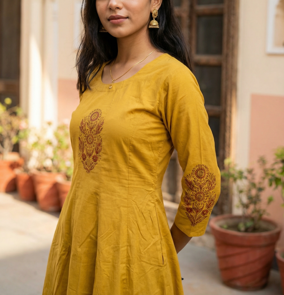 NATURAL COTTON ANARKALI AND PLAZO WITH BLOCK PRINT AND SPECIAL POCKET