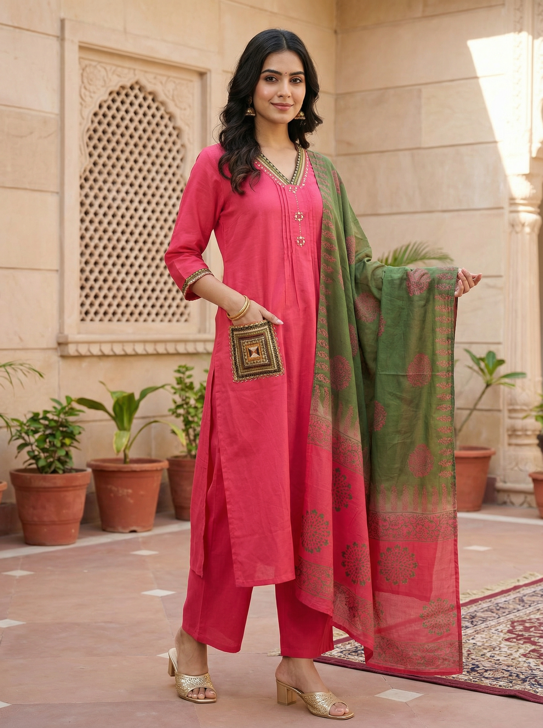 ROMAN SILK DRESS WITH MANUAL HAND MIRROR WORK NECK AND POCKETS WITH ROMAN SILK PLAZO AND BLOCK WORK DUPATTA